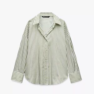 ZARA Basic Poplin Striped Green Shirt